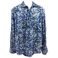 Robert Graham Men's Size XL Button Down Blue Abstract Geometric Floral Flip Cuff