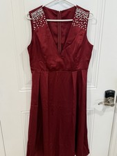 SHEIN Satin Dress Burgundy V-Neck Sleeveless Midi A-Line Pearl Zip Size 12