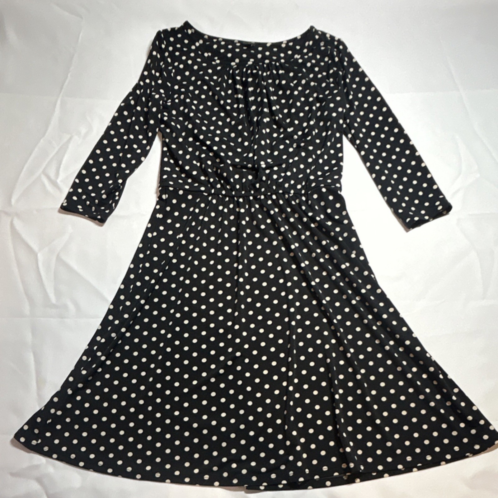 Ann Taylor Black White Polka Dot 3/4 Sleeve Round Neck A-Line Knee Dress M