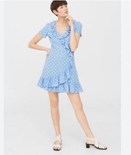Mango Blue and White Asymmetrical Ruffle blue polka dot dress size 4