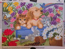 40x30cm Completed Diamond art Puppy and Cat in blue box with flowers