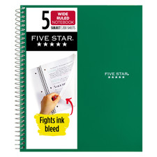 Five Star 5-Subject Spiral Notebook Wide Ruled : 8 in. x 10-1/2 in. Green 