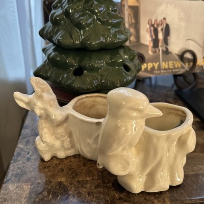Two Small Planters White Porcelain Unbranded Small Chip On Dog Bird Good