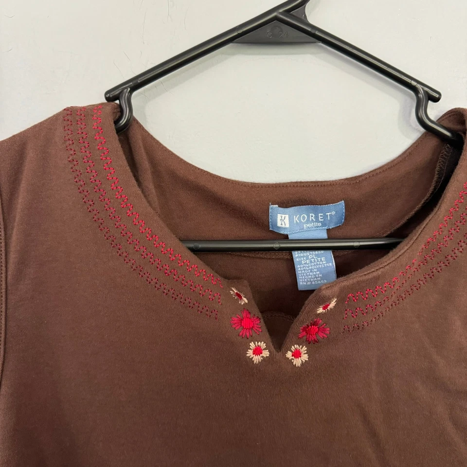 复古 Koret Petites 棕色花卉锁眼领无袖上衣,尺寸 L,娇小 — 第 2/4 张图片