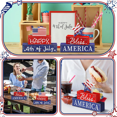 4 Pcs Happy 4th of July Table Decor God Bless America Wood Star Flag Sign Pat...