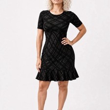 NINA LEONARD Plaid Ruffle Hem Sweater Dress Mink/Black Medium