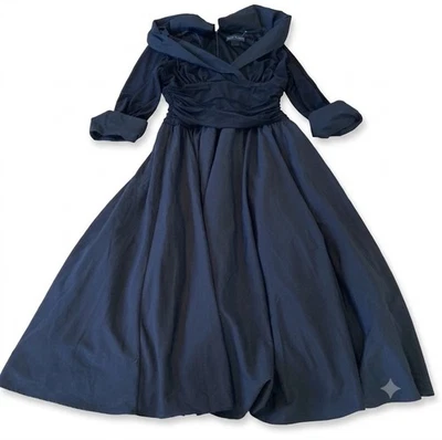 Jessica Howard Navy Blue Draped Off-the-Shoulder Tea Length Gown 18W Bridesmaid - Image 1 of 4