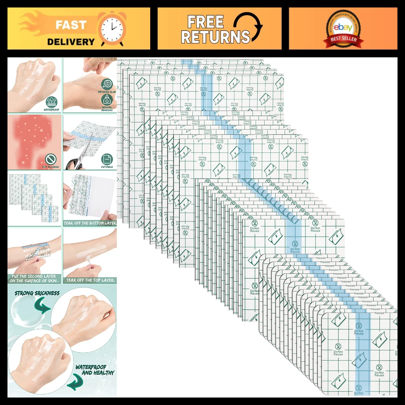 Waterproof Clear Tattoo Bandage - 100 Pcs in 3, 4, 6, 8 Inch Sizes - product detail image 1