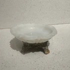 Vintage White Milk Glass Candy Dish Bowl Trinket Soap Ashtray Metal Foot Base