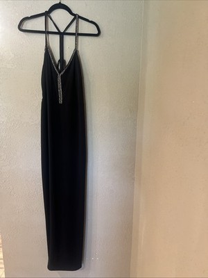 VENUS Women s Large Black Full Length Dress Faux Diamond Accents Elegant Style