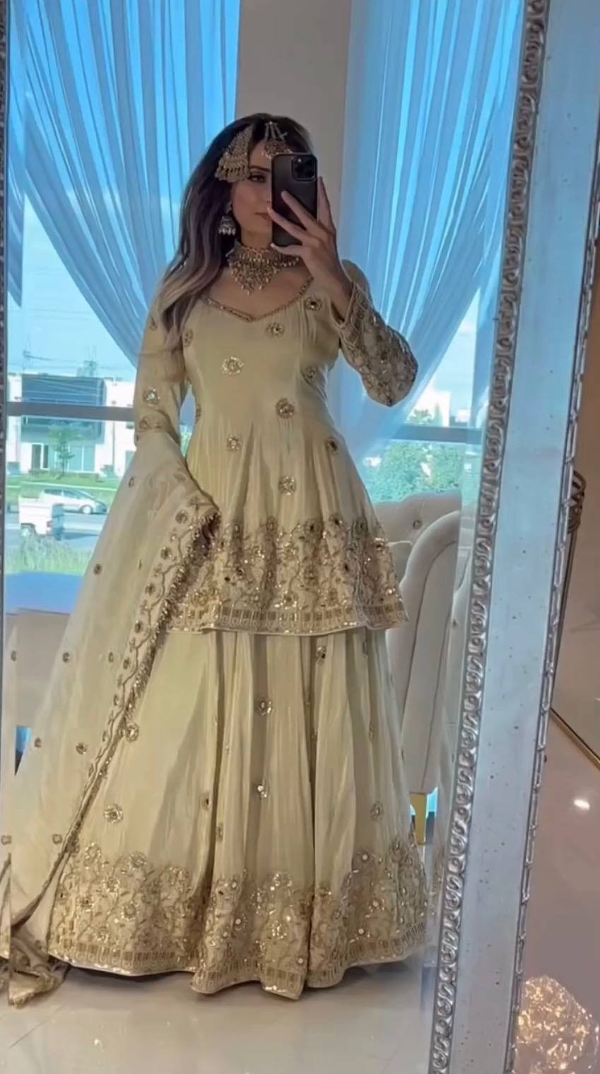 New Heavy Chinon Silk Off White Top Lehenga With Dupatta For Wedding Wear