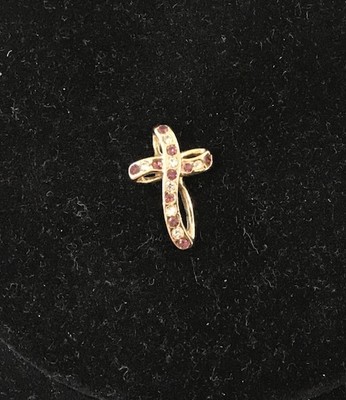 Vintage  Ribbon Cross Necklace Austrian Crystal Gold Plated - Light Pink
