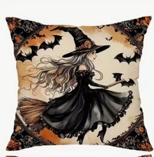 Vintage Glamour Witch Broom Halloween Throw Pillow Cover Holiday Home Decor 18”