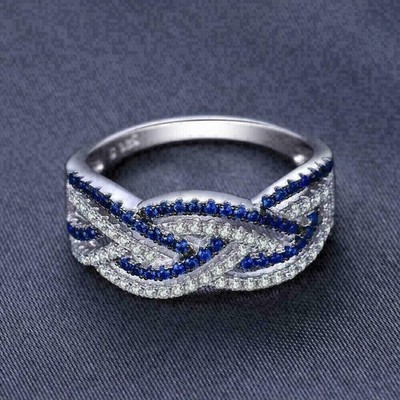 14k White Gold Plated 2Ct Round Cut Simulated Blue Sapphire Engagement Band Ring