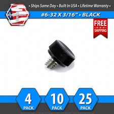  6-32 x 3/16" Thumb Screw Stainless Steel - Black Round Knurled Knob - USA