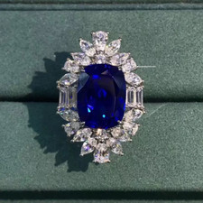 Features Blue 20.00CT Sapphire Lab-Created White Diamonds Cluster Women Ring