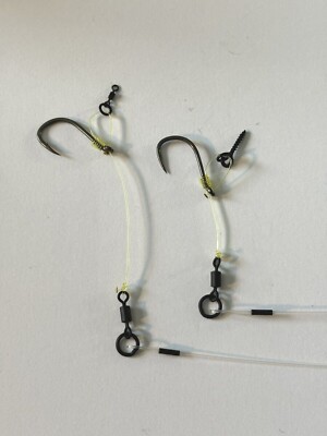 5 x Hinged Stiff Rigs. pop up, Crimped Fluorocarbon.Anti Tangle Sleeve Option