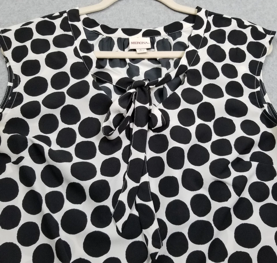 Merona Tank Top Women’s Large White Black Polka Dots Sleeveless Blouse Neck Tie — 第 2/4 张图片