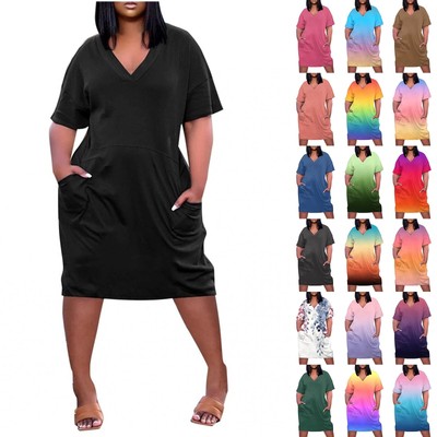 Women Oversize T-shirt Dress V Neck Short Sleeve Gradient with  Pockets  Dresses