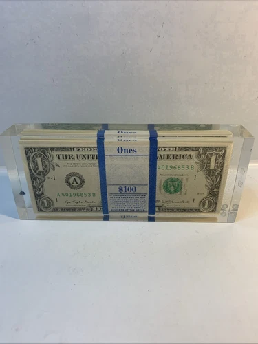 Vintage 1977   $1 Dollar Bills Strap Lucite Paperweight  100 Singles