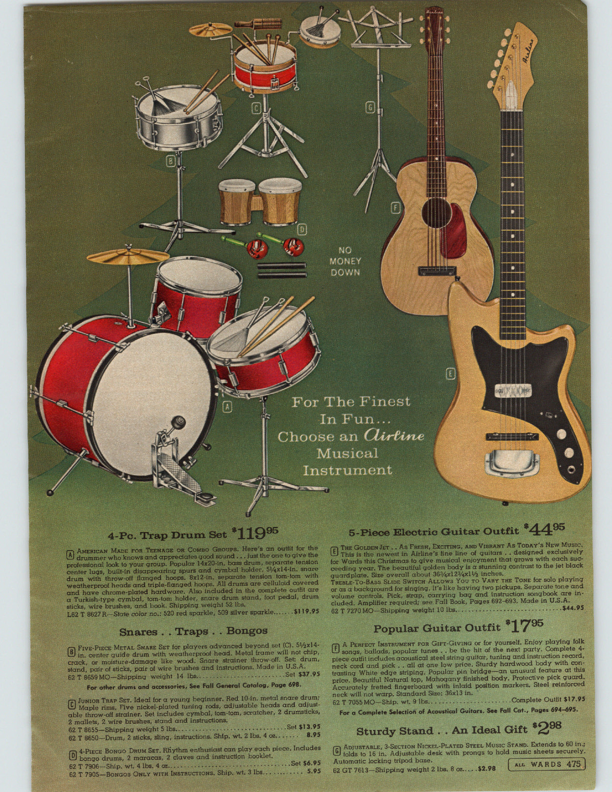 1965 PAPER AD Musical Instrument Airline Guitar Drum Snare Trap Bongo