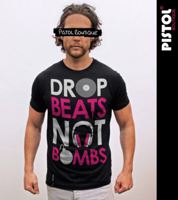 Pistol Boutique men's Black crew neck DROP BEATS NOT BOMBS music DJ T-shirt