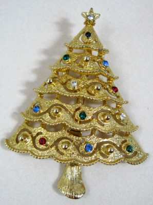 Antique J.J. Jonette Gold Tone Christmas Tree Multicolor Rhinestones Pin/Brooch