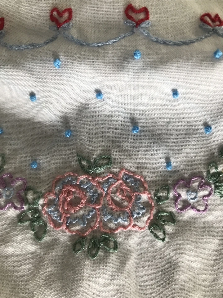 Dresser Scarf Runner Embroidered Heart Floral White Lace Edging 36” x 14” - Image 3 of 4