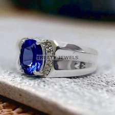 Blue Sapphire Oval Cut Gemstone With 925 Sterling Silver Ring For Men's #380