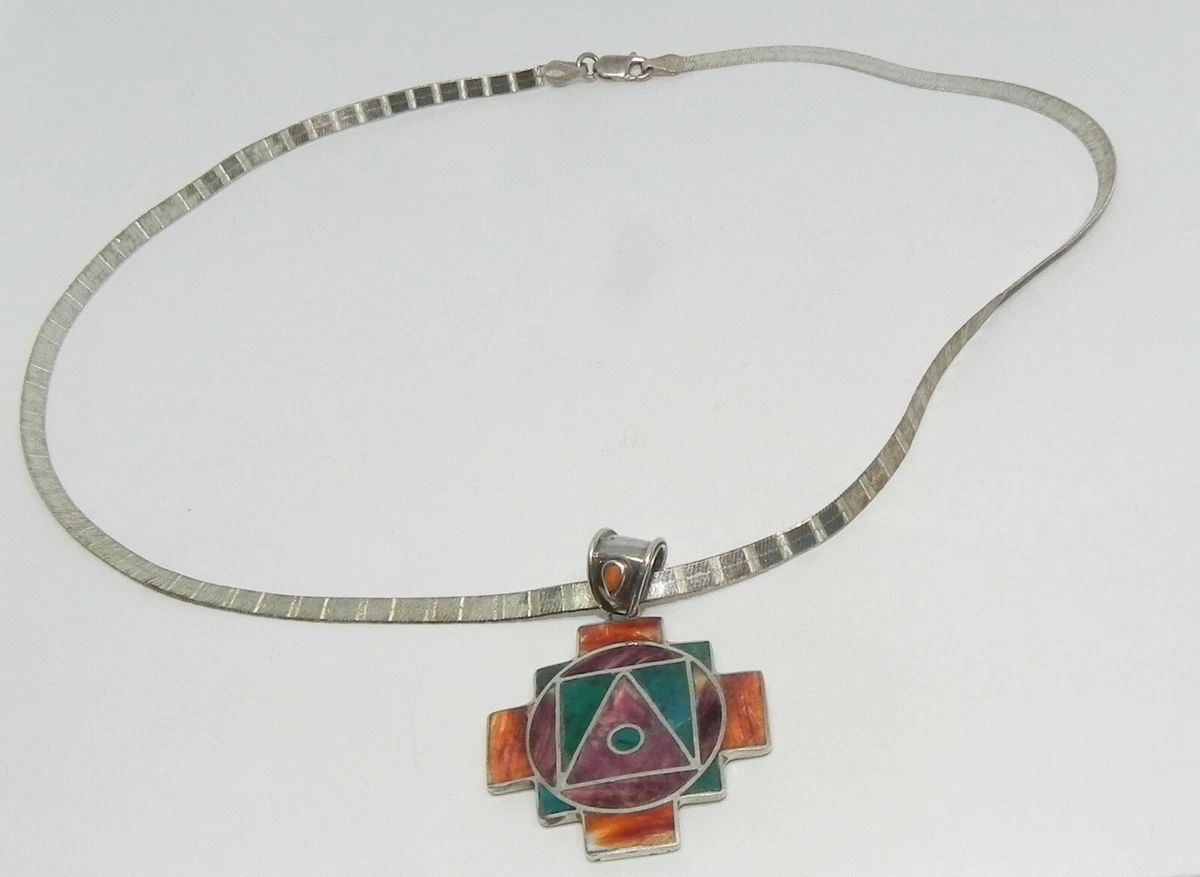 Vintage High Grade enameled SILVER Chakana INCA CROSS w Sterling