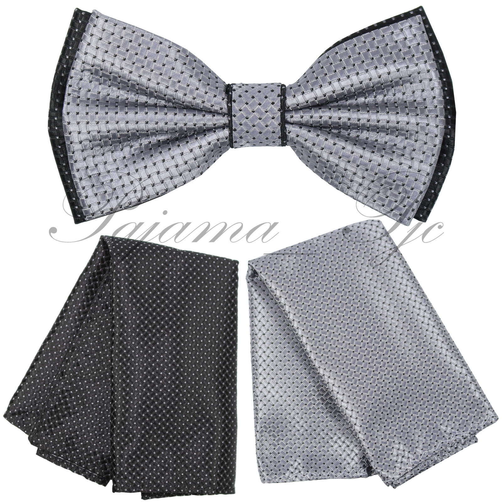 Pajarita a cuadros de dos tonos para hombre o con pañuelo cuadrado de bolsillo gris plateado/negro