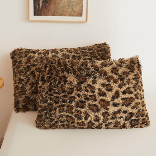 Cheetah Print Faux Fur Fluffy Pillowcases, Plush Shaggy Soft Long Pillow Covers,