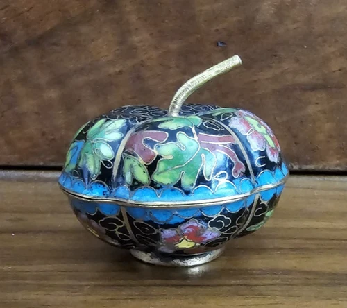 Vintage Enamel Cloisonne Metal Pumpkin Gourd Floral Black Trinket Pill Box 1.5"H