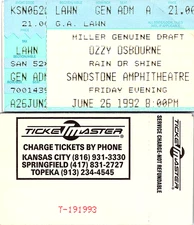 OZZY OSBOURNE CONCERT TICKET STUB, 6/26/1992, SANDSTONE AMPHITHEATRE