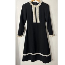 sandro PARIS Lace Trim Black Dress Solid Long Sleeve Midi Women Size 38