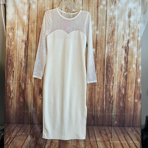 Heart & Hips Women’s Ivory Mesh Sheer Long Sleeve Midi Bodycon Dress Size Large - Picture 3 of 10