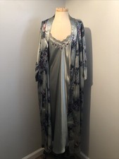 Vintage California Dynasty 2Pc Green Satin Robe Nightgown Set Floral Fairycore S