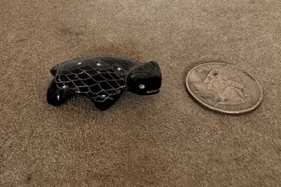 Zuni Fetish Lizard, Carved & Etched Black Stone with Turquoise Inlay, Signed RSG