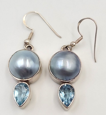 Sterling Silver SJ 925 Blue Mabe Pearl & Teardrop Blue Topaz Stone Drop Earrings