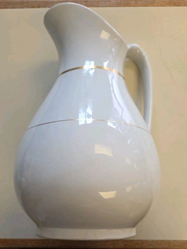J & G Meakin Hanley England Ironstone 12 Inch Pitcher White Gold Trim EUC