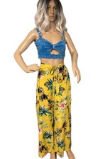 Yellow Flowy Palazzo Tropical Print Wide Leg Pants