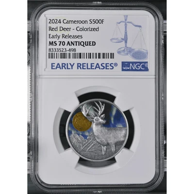 2024 Cameroon Northern Lights Wildlife Red Deer 1/2 oz Silver Coin NGC MS 70 - Image 1 of 3
