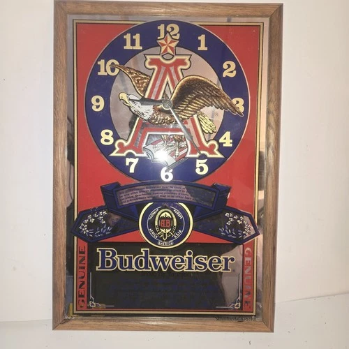 Vtg Anheuser Busch Budweiser Eagle King of Beers Mirror Sign w Clock Works 19x13