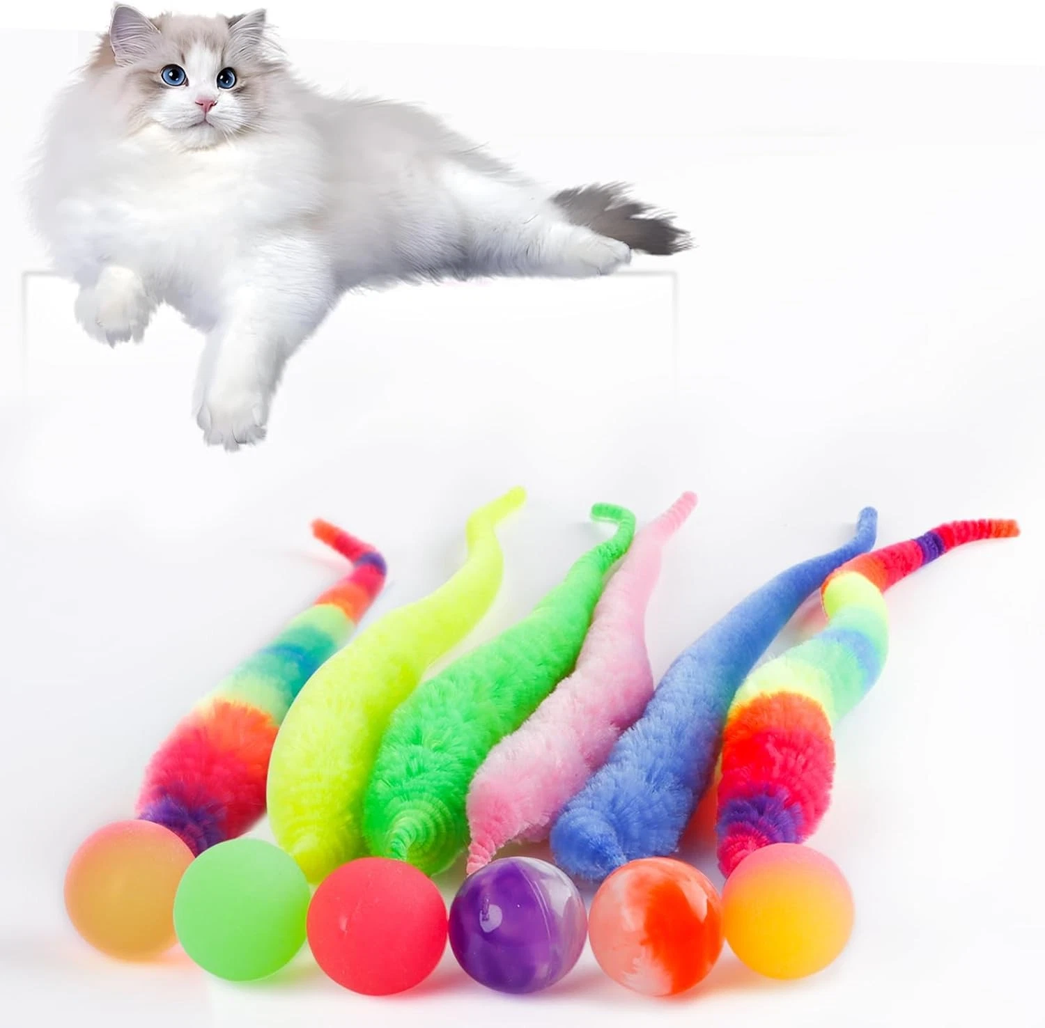 Bouncy Ball With Tail Cat Toy, 6 Packs Large Rainbow fuzzy worm (Original)