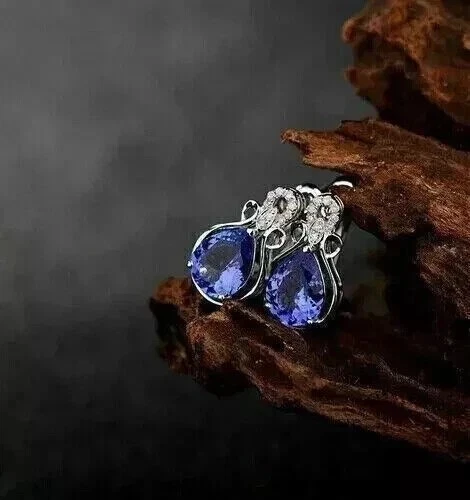 Brincos femininos de corte oval simulado azul tanzanita folheados a ouro branco 14k - Imagem 4 de 4