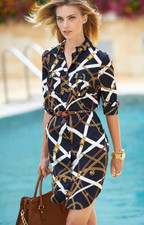 Michael KORS Navy Belt Chain print Button down Collared Shirt Dress *LARGE*