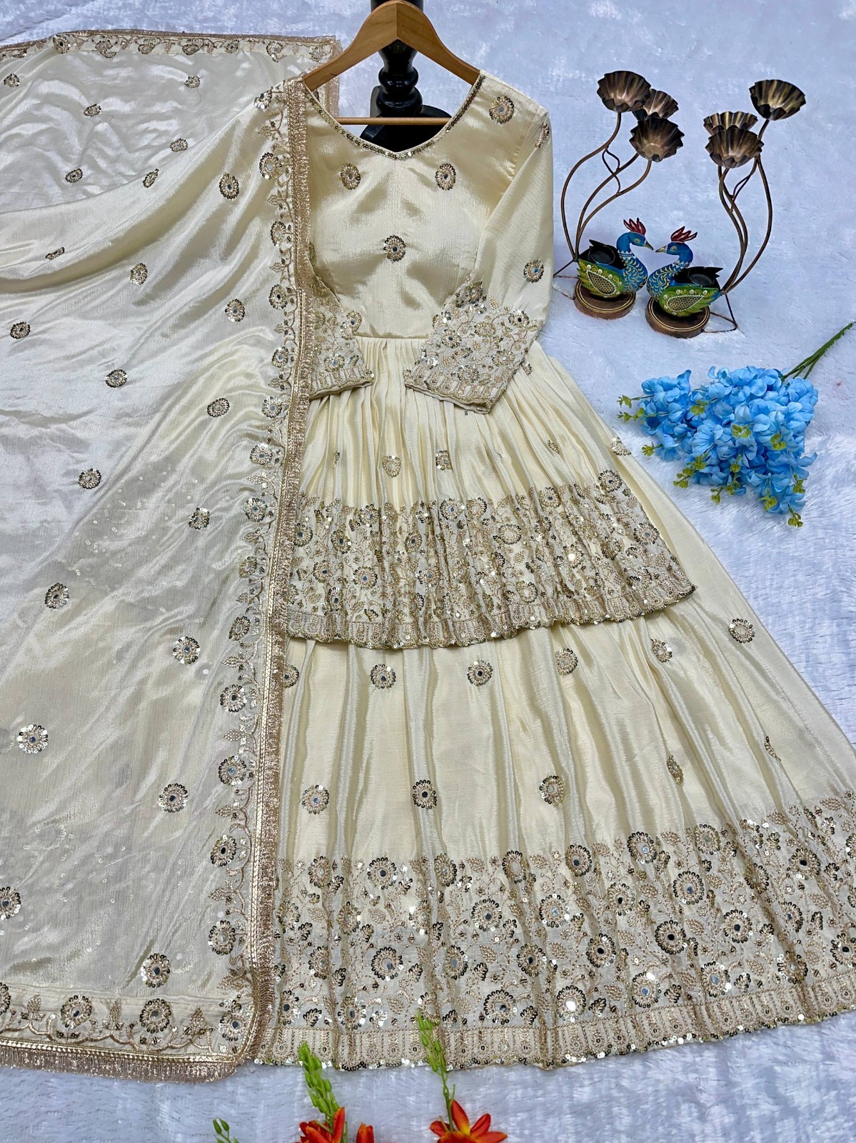 New Heavy Chinon Silk Off White Top Lehenga With Dupatta For Wedding Wear thumbnail 2