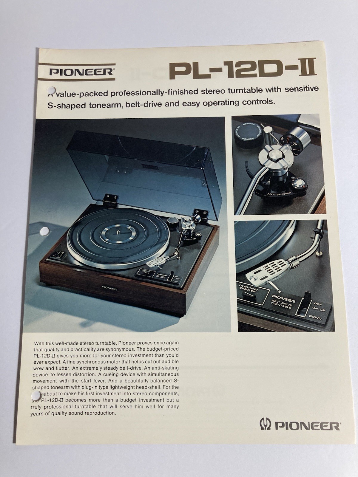 Pioneer PL-12D-II Vintage Turntable. Spec Sheet 1974