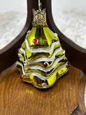 Old World Style Glass Tree Ornament Green Glitter Layered Design 3  