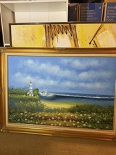 Large Framed Lighthouse Seascape Landscape Painting Lot, Realism & Abstract